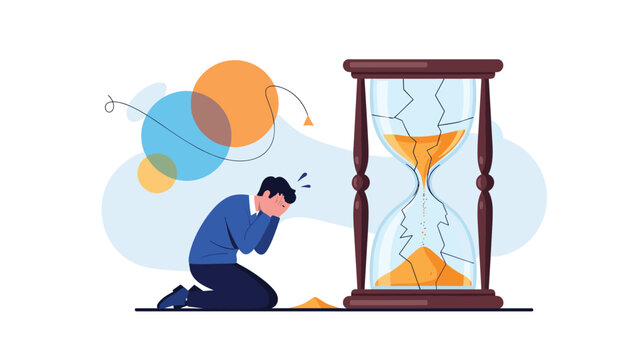 Desperate man kneeling in grief in front of a giant broken hourglass representing lost time and missed opportunities.
