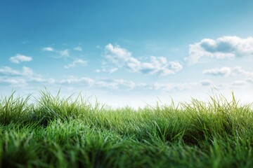 Fototapeta premium Fresh green grass field under bright blue sky with soft clouds, symbolizing natural freshness, open space, growth and peaceful outdoor environment 