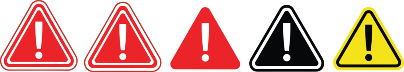 Set of triangle warning icons in red yellow and black for concepts of danger alert caution emergency safety and branding,