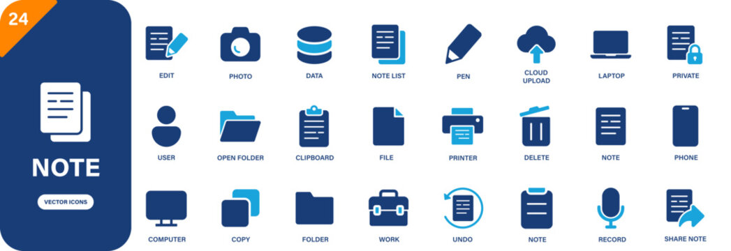 Note and documentation icon collection featuring clipboard, pen, note list, record, and delete symbols. Solid vector icons.