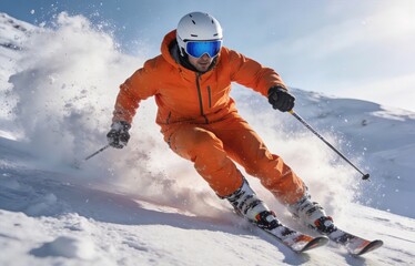 Male skier in orange outfit and helmet with goggles skiing downhill, creating snow spray. Dynamic winter sports action in a snowy mountain landscape under clear skies.