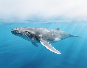 Humpback whale swimming gracefully underwater in clear blue ocean waters. Marine mammal in natural habitat, showcasing its majestic form and aquatic lifestyle.
