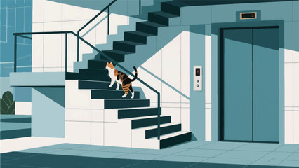 Illustration Of A Cat Choosing To Climb The Stairs Instead Of The Elevator In A Modern Building, A Healthy Habits Concept Vector Design Template © Princess