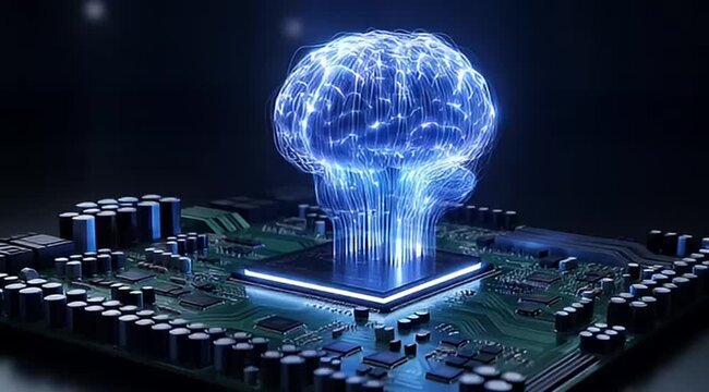 Abstract glowing brain above a computer chip concept of artificial intelligence