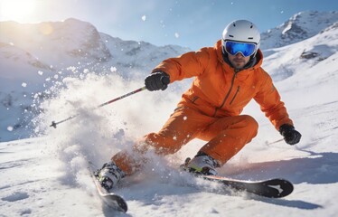 Male skier in orange snowsuit with goggles and helmet carving fresh snow powder on a sunny mountain slope, showcasing winter sports activity and outdoor recreation.