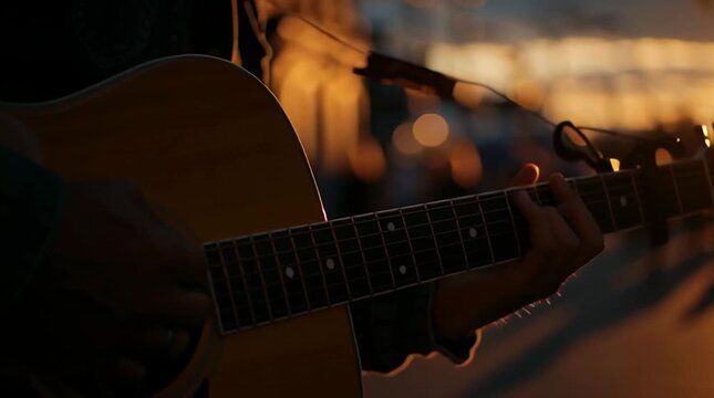 Musician Performs Guitar at Sunset in a Busy Street with People Passing By