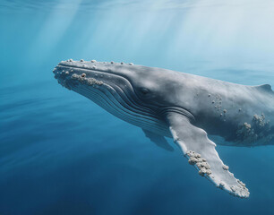 Humpback Whale Swimming in Blue Ocean Waters
