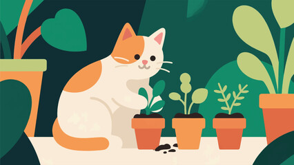 Illustration Of A Cat Planting Herbs In A Small Pot, Sustainable Lifestyle Vector Design Template © Princess