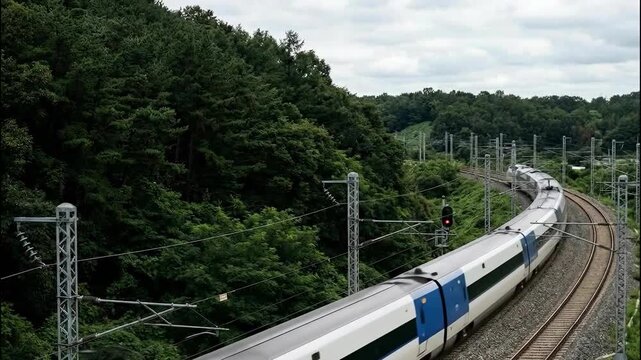 A sleek, modern train travels along a curved track through a densely forested area. Overhead wires and support poles line the route, indicating an electrified railway.