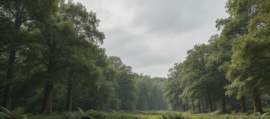 Dense forest landscape with tall trees, lush greenery, and overcast sky. Serene woodland scene with natural vegetation, creating a tranquil outdoor environment.