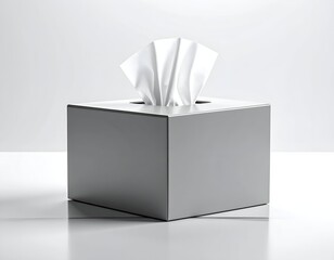 A square tissue box in soft gray with a single white tissue pulled partially out