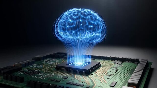 Futuristic artificial intelligence concept with a glowing brain connected to a microchip