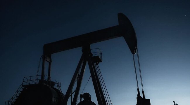 Silhouette of Oil Pump Jack Against Dusk Sky.