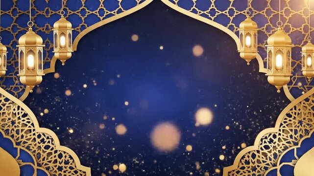 Elegant Ramadan Background with Golden Lanterns, Geometric Patterns, and Blue Space