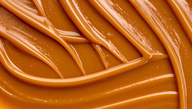Close-up of smooth, glossy caramel sauce with flowing, wave-like textures