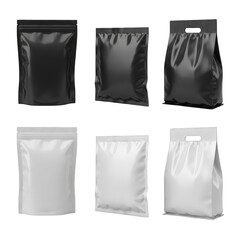 Collection of black and white plastic pouches with various closures isolated on transparent background