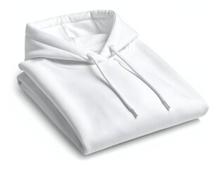 Clean, folded white hooded sweatshirt, smooth fabric, isolated on a white background
