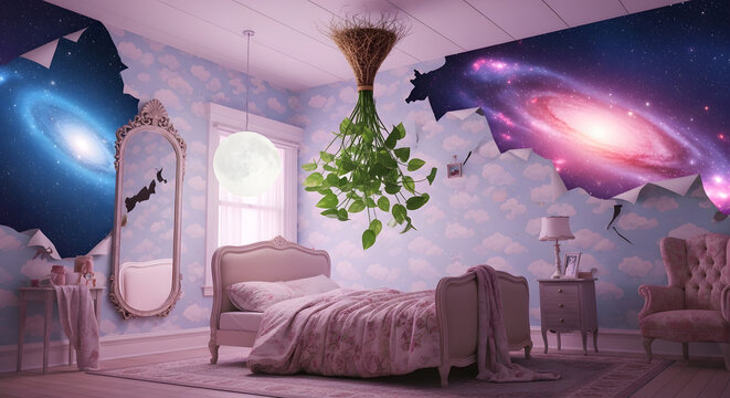 A pink bedroom features walls that tear away to reveal outer space and a plant hanging from the ceiling