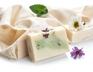 Artisan soap bars with flowers, mint, and a cloth, on a white background