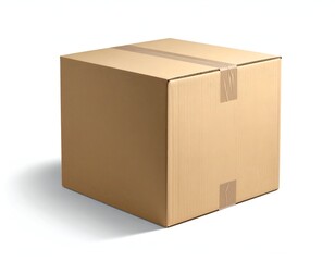 A plain cardboard box, sealed with tape, casting a shadow on a white background