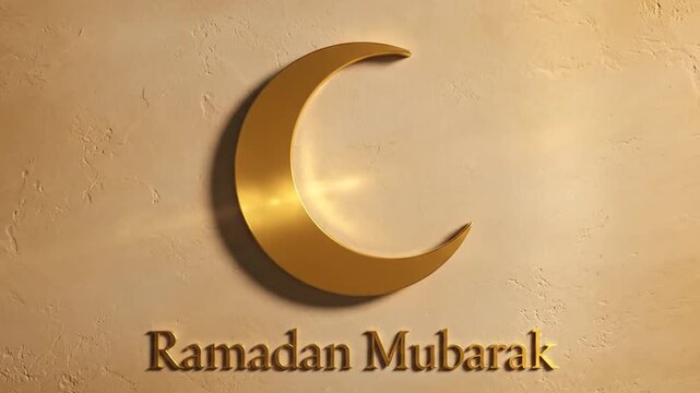 Ramadan Mubarak greeting with golden crescent moon on textured background