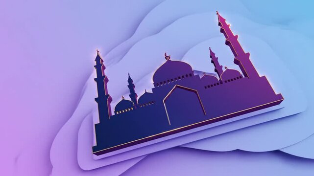 Purple and gold mosque silhouette on layered background illustration, celebration of faith