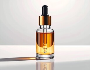 A clear glass bottle with amber liquid and a dropper, casting a shadow on a white surface