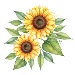 Vibrant watercolor sunflowers with green leaves isolated on transparent background