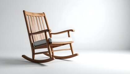 A wooden rocking chair with a white cushion against a plain white background