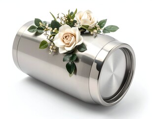 Cylindrical metal container with cream roses and greenery on a white background