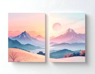 Two rectangular landscape art prints, serene mountain scenes in soft pastel colors