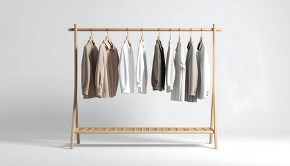 Wooden clothing rack displays jackets, shirts, and hoodies in neutral tones against a white backdrop