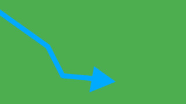 Animated falling blue arrow representing economic recession on a clean green screen background for compositing use.