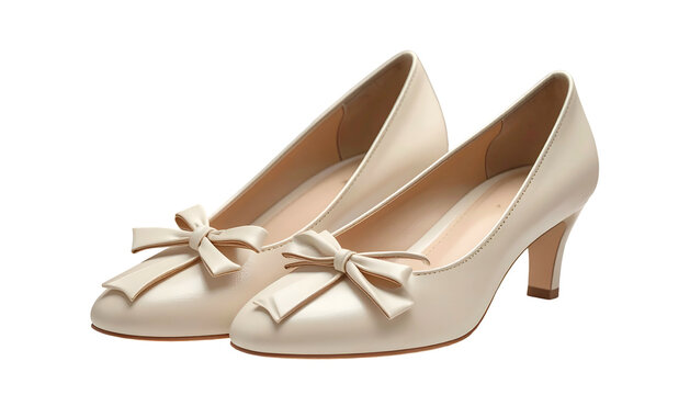 Pair of cream-colored dress shoes with bows on a transparent background