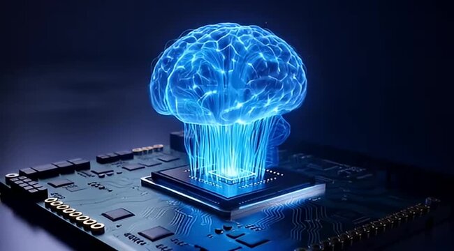 Artificial intelligence concept illustrating a brain connected to a microchip on a circuit board