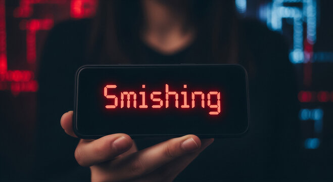 Hacker holding smartphone displaying smishing text message with glowing red letters against dark background