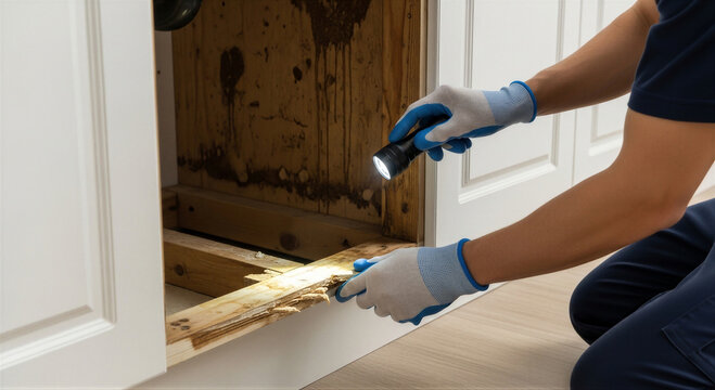 Pest control professional inspecting termite damage under kitchen sink with flashlight