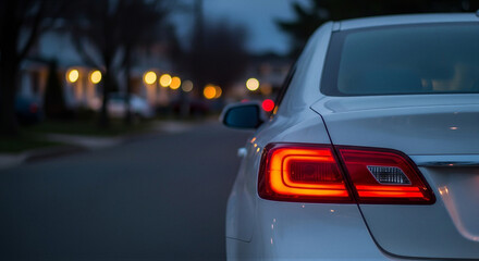 Closeup of a car tail light illuminated at dusk on a residential street