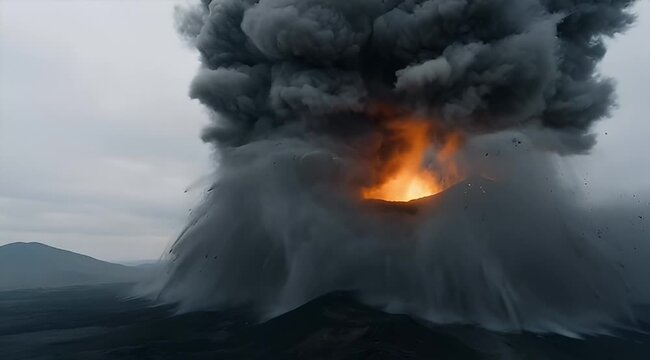 Dramatic volcanic eruption spewing ash and smoke under a cloudy sky landscape