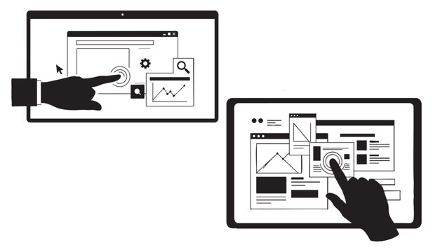 Digital interface vector illustration: hands interacting with screens showing data charts and graphs, black and white icons.