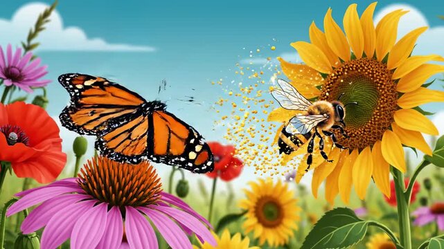 Beautiful Nature Scene with Butterfly and Bee on Colorful Flowers