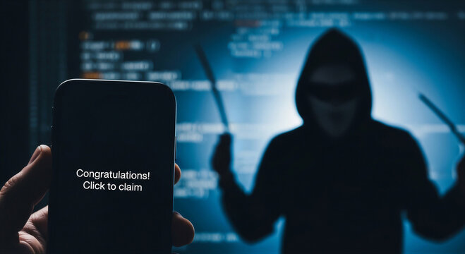 Cybercrime concept hacker silhouette holding smartphone with scam message against dark background with code