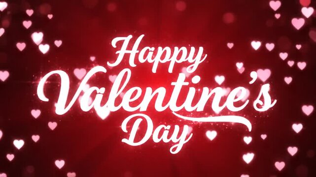 Happy Valentine's Day text on red background with bokeh hearts