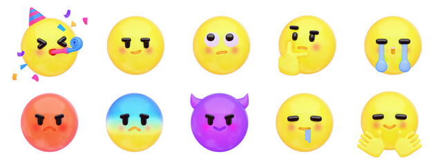 3D絵文字・表情の感情アイコンセット｜喜怒哀楽・リアクション集（透過）正面 © 3Dfun