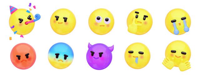 3D絵文字・表情の感情アイコンセット｜喜怒哀楽・リアクション集（透過）角度付き © 3Dfun