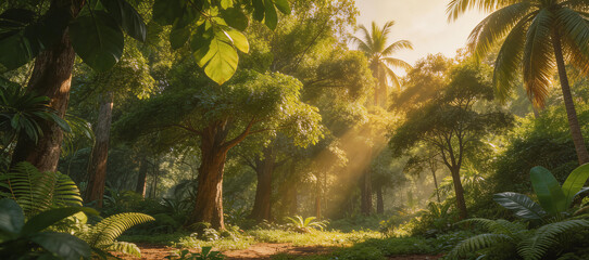 Sunlit tropical rainforest with dense lush greenery, tall trees, and rays of sunlight filtering through foliage, creating a serene natural landscape.