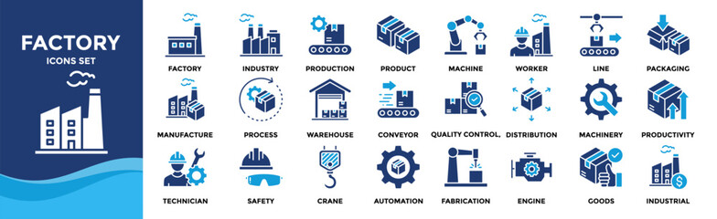 Factory icon set collection. Containing industry, production, machine, manufacture, warehouse, fabrication, goods