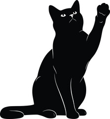 Obraz premium Black cat silhouette illustration, sitting feline with raised paw, minimal vector artwork, domestic pet design, stylized animal posture drawing