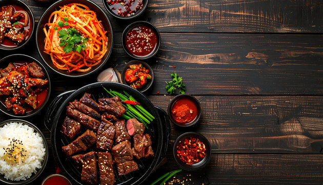 Delicious flat lay of Korean BBQ feast with grilled meat, noodles, kimchi, rice, and various side dishes on a dark wooden table
