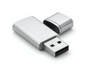 Metallic USB drive with removed cap, angled on white background